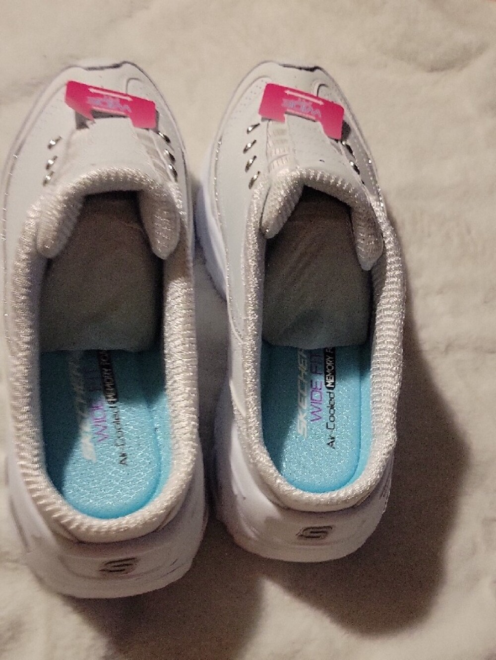 Skechers Women's White Slip-On Sneakers with Light Blue Insole - Picture 5 of 6